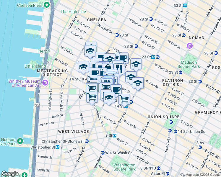 map of restaurants, bars, coffee shops, grocery stores, and more near 210 West 16th Street in New York
