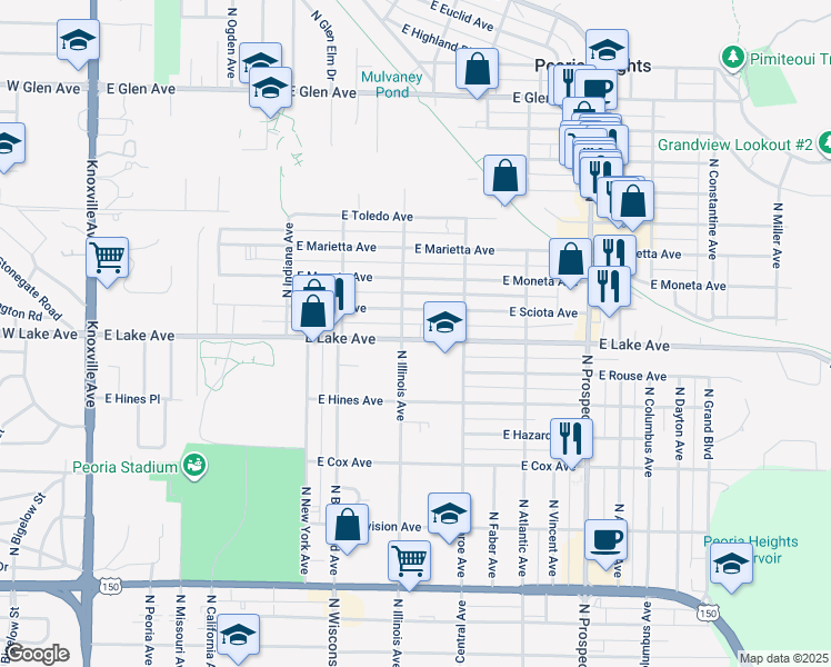 map of restaurants, bars, coffee shops, grocery stores, and more near 811 East Lake Avenue in Peoria Heights