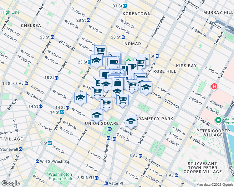 map of restaurants, bars, coffee shops, grocery stores, and more near 902 Broadway in New York