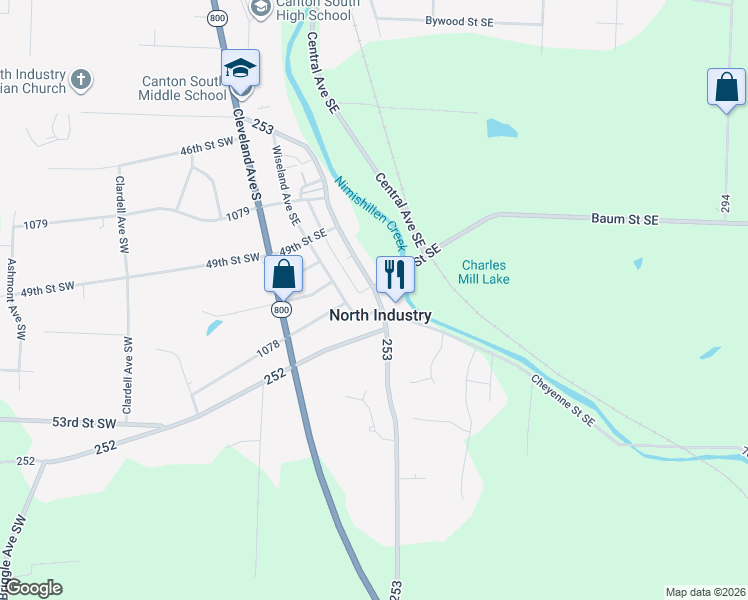 map of restaurants, bars, coffee shops, grocery stores, and more near 5117 Ridge Avenue Southeast in Canton