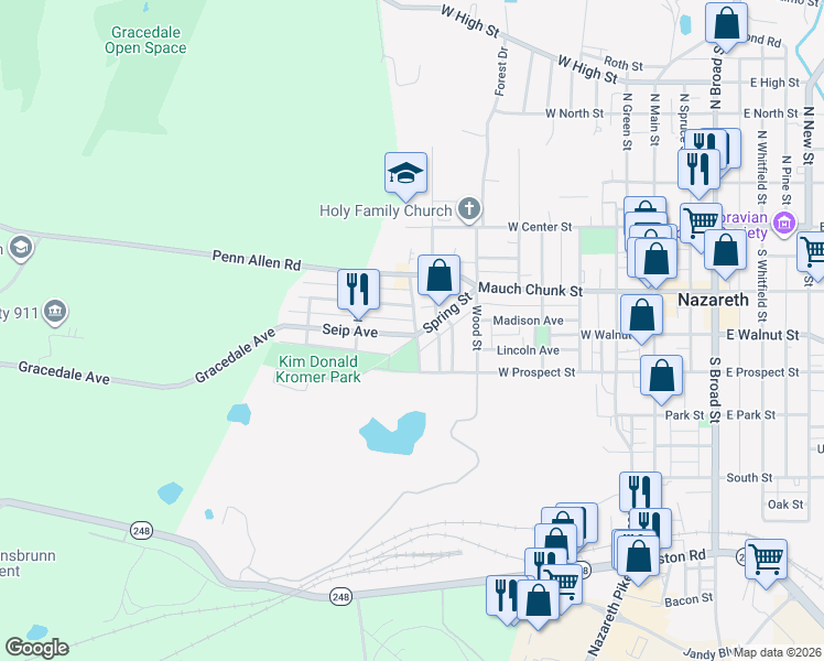 map of restaurants, bars, coffee shops, grocery stores, and more near 502 Seip Avenue in Nazareth