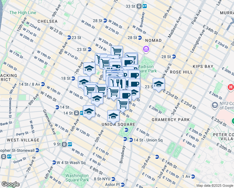 map of restaurants, bars, coffee shops, grocery stores, and more near 20 West 20th Street in New York