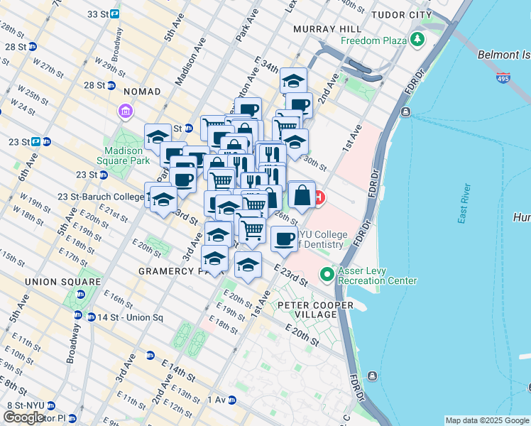 map of restaurants, bars, coffee shops, grocery stores, and more near 450 2nd Avenue in New York