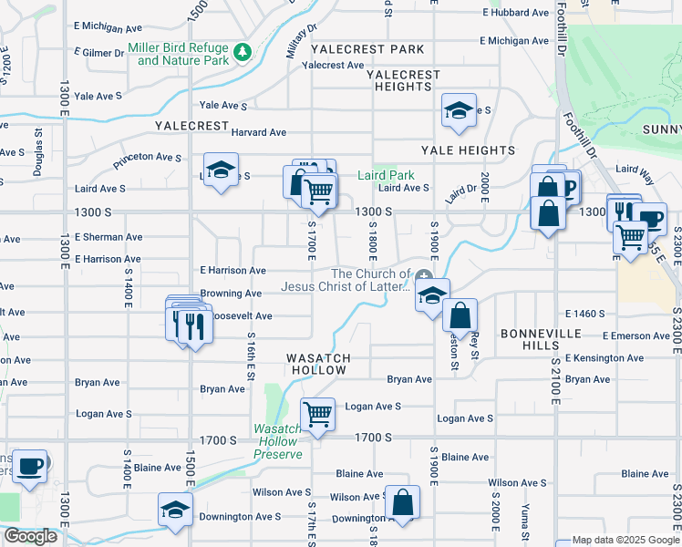 map of restaurants, bars, coffee shops, grocery stores, and more near 1740 East Harrison Avenue in Salt Lake City