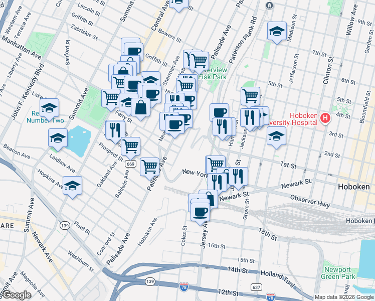 map of restaurants, bars, coffee shops, grocery stores, and more near 161 Ogden Avenue in Jersey City