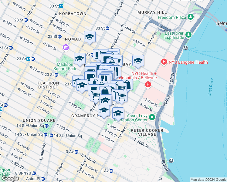 map of restaurants, bars, coffee shops, grocery stores, and more near 226 East 25th Street in New York