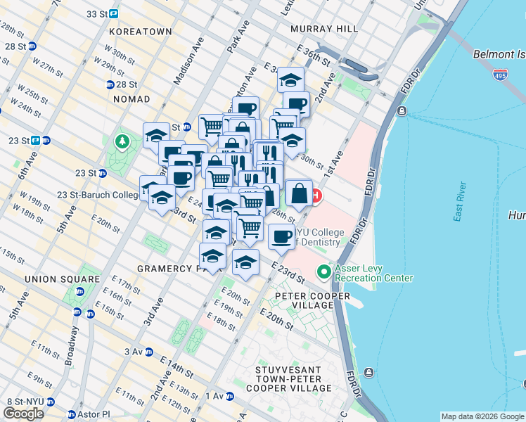 map of restaurants, bars, coffee shops, grocery stores, and more near 450 2nd Avenue in New York