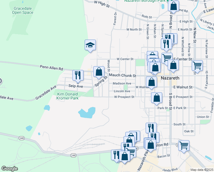 map of restaurants, bars, coffee shops, grocery stores, and more near 123 Spring Street in Nazareth