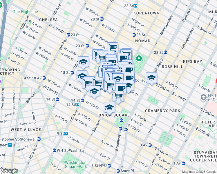 map of restaurants, bars, coffee shops, grocery stores, and more near 20 West 20th Street in New York