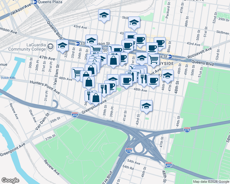 map of restaurants, bars, coffee shops, grocery stores, and more near 39-28 48th Avenue in Queens