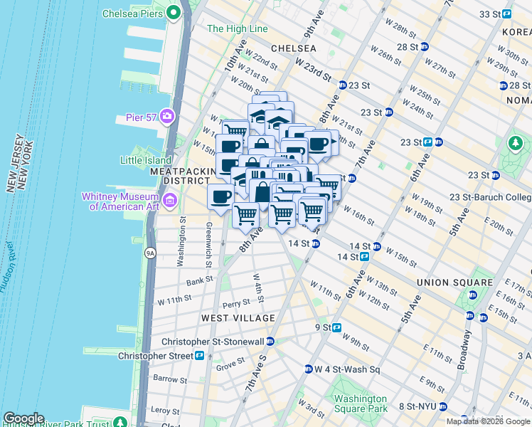 map of restaurants, bars, coffee shops, grocery stores, and more near 300 West 14th Street in New York