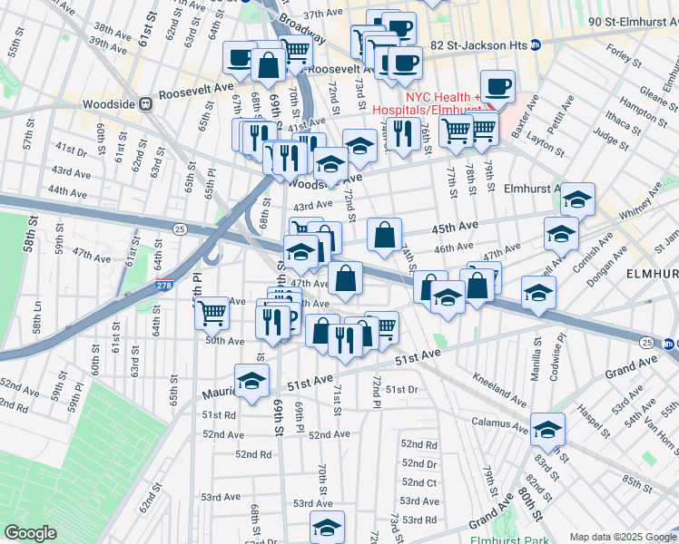 map of restaurants, bars, coffee shops, grocery stores, and more near 70-33 Queens Boulevard in Queens