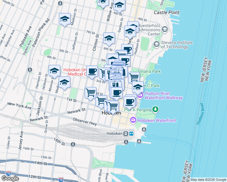 map of restaurants, bars, coffee shops, grocery stores, and more near 235 Bloomfield Street in Hoboken