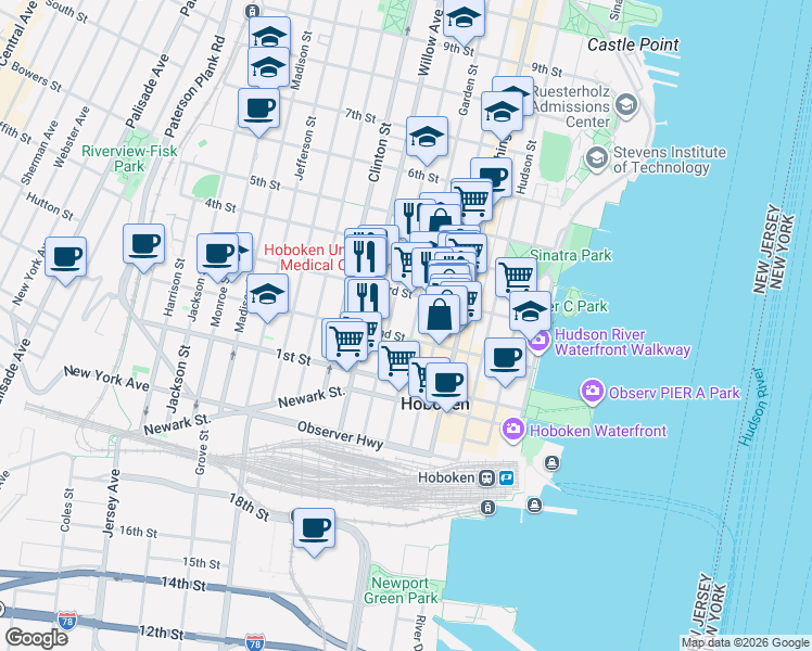 map of restaurants, bars, coffee shops, grocery stores, and more near 223 Park Avenue in Hoboken