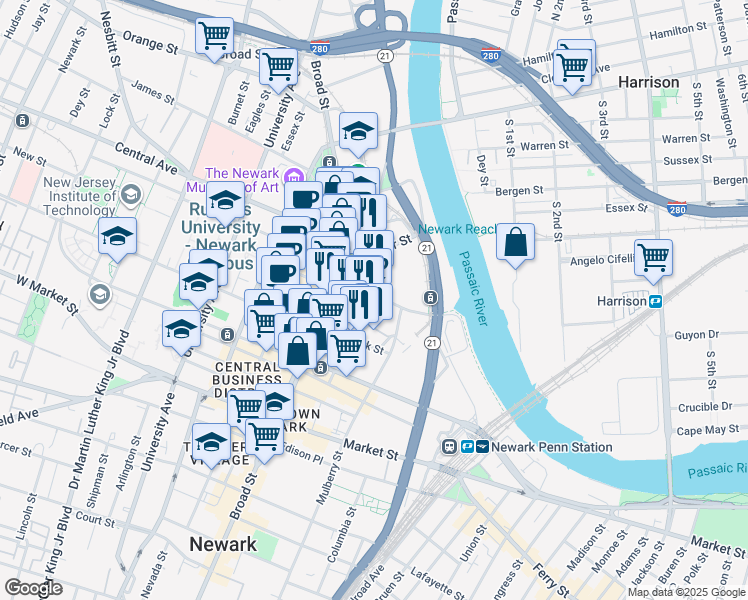 map of restaurants, bars, coffee shops, grocery stores, and more near 1 Center Street in Newark