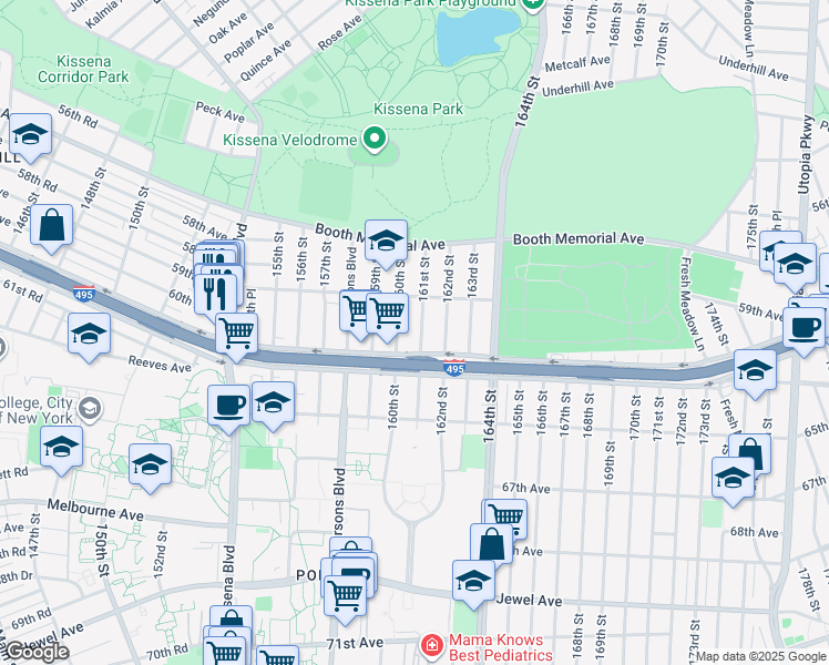 map of restaurants, bars, coffee shops, grocery stores, and more near 59-14 161 Street in Queens