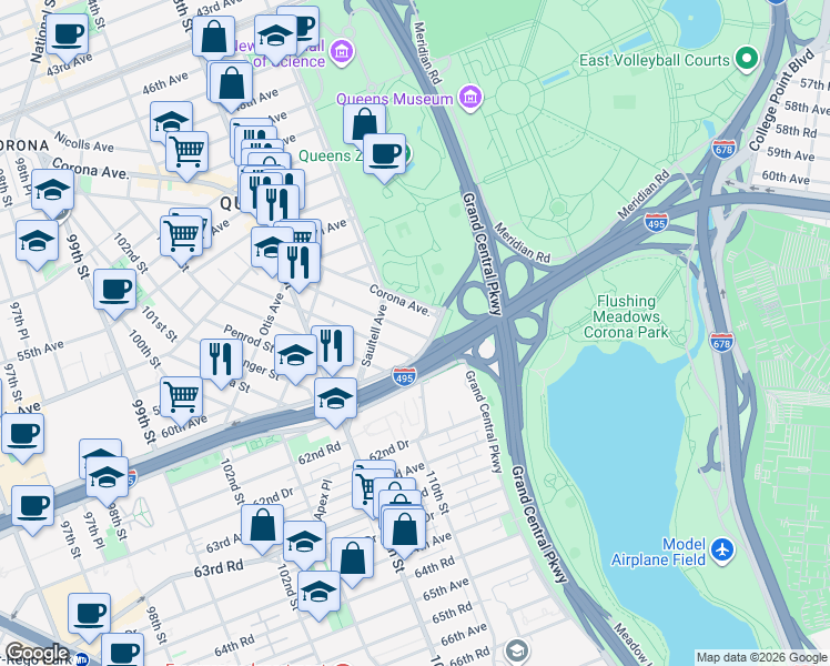 map of restaurants, bars, coffee shops, grocery stores, and more near 58-09 Van Cleef Street in Queens