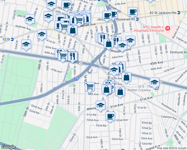 map of restaurants, bars, coffee shops, grocery stores, and more near 46-5 66th Street in Queens