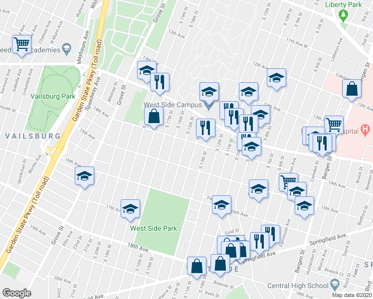 map of restaurants, bars, coffee shops, grocery stores, and more near 454 South 15th Street in Newark