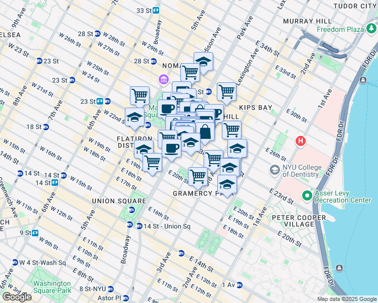map of restaurants, bars, coffee shops, grocery stores, and more near 104 East 23rd Street in New York