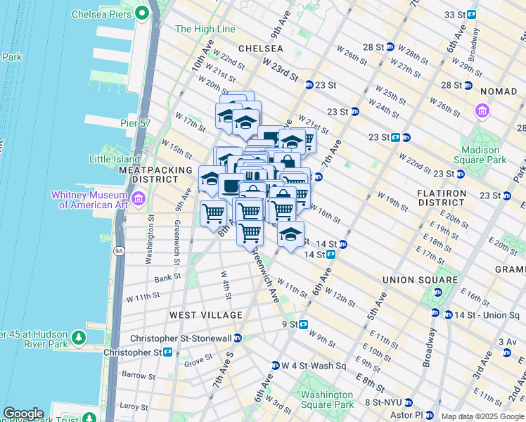 map of restaurants, bars, coffee shops, grocery stores, and more near 230 West 15th Street in New York