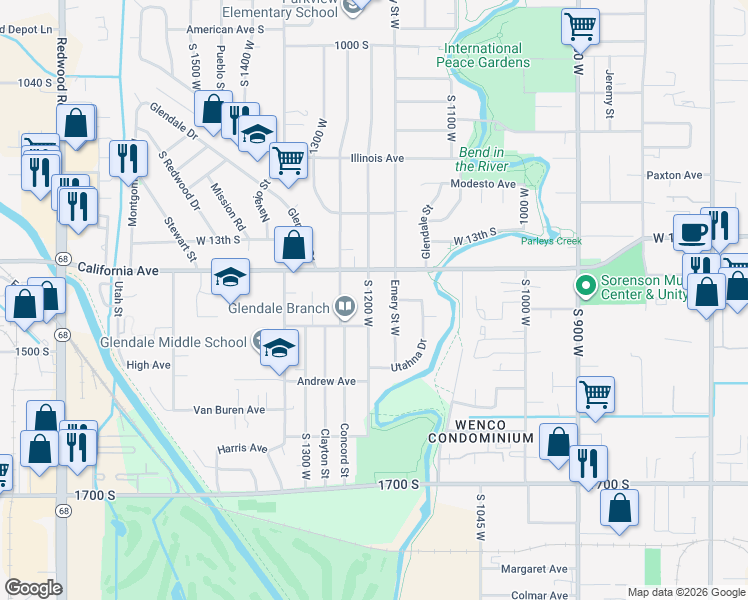 map of restaurants, bars, coffee shops, grocery stores, and more near 1367 South 1200 West in Salt Lake City