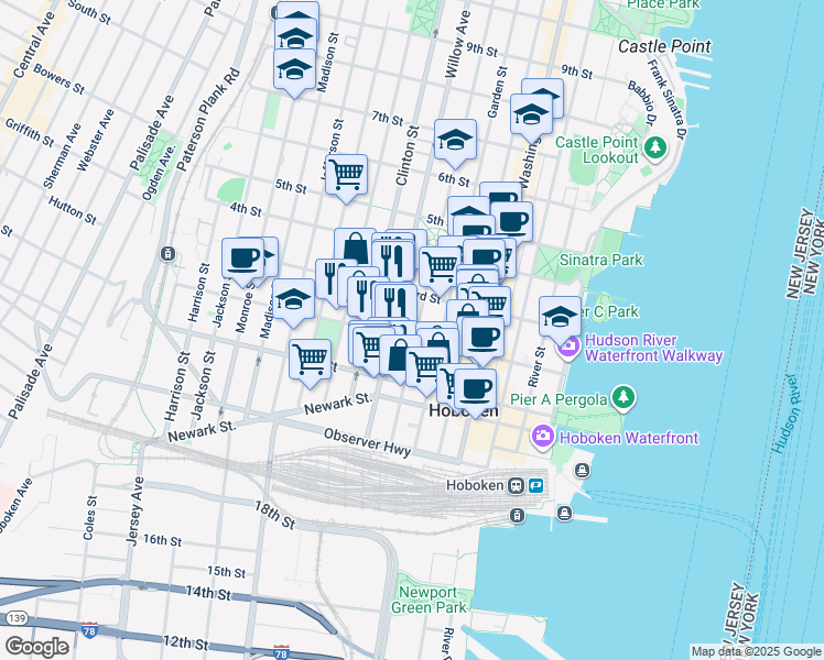 map of restaurants, bars, coffee shops, grocery stores, and more near 309 2nd Street in Hoboken