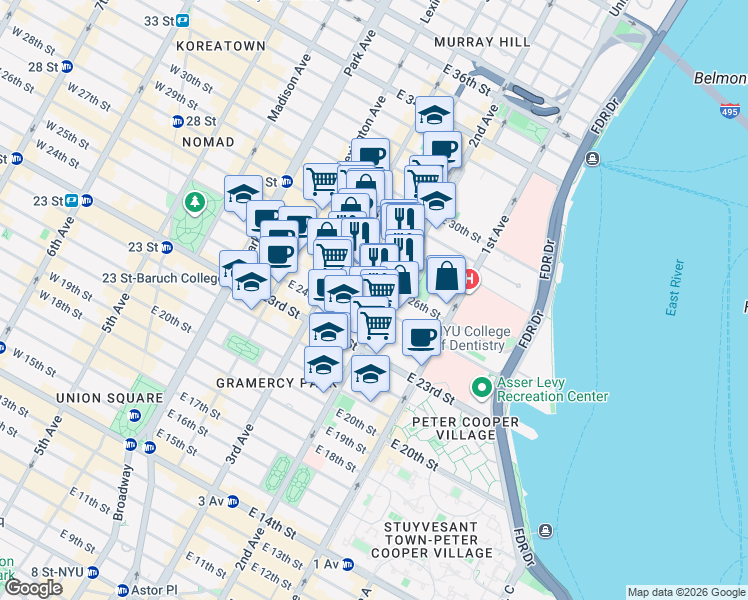 map of restaurants, bars, coffee shops, grocery stores, and more near in New York