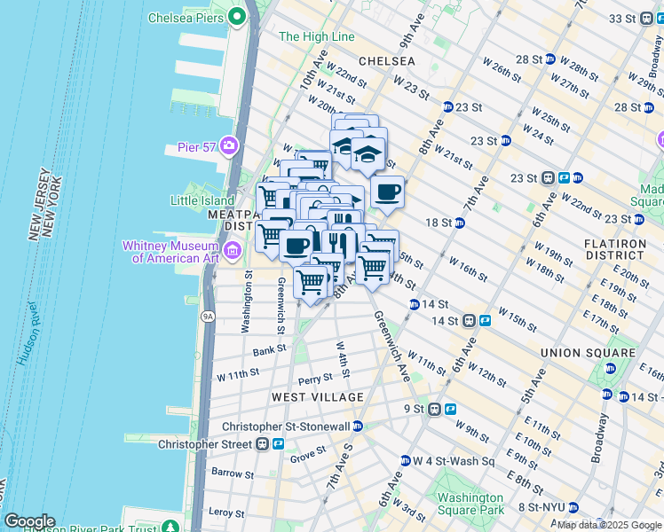 map of restaurants, bars, coffee shops, grocery stores, and more near 309 West 13th Street in New York