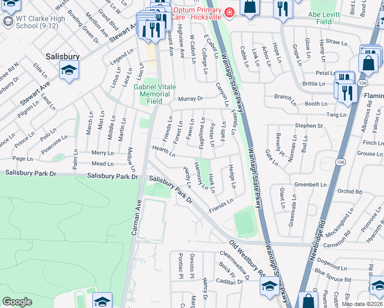 map of restaurants, bars, coffee shops, grocery stores, and more near 46 Fawn Lane in Westbury