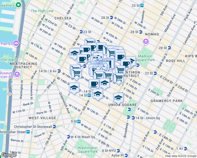 map of restaurants, bars, coffee shops, grocery stores, and more near in New York
