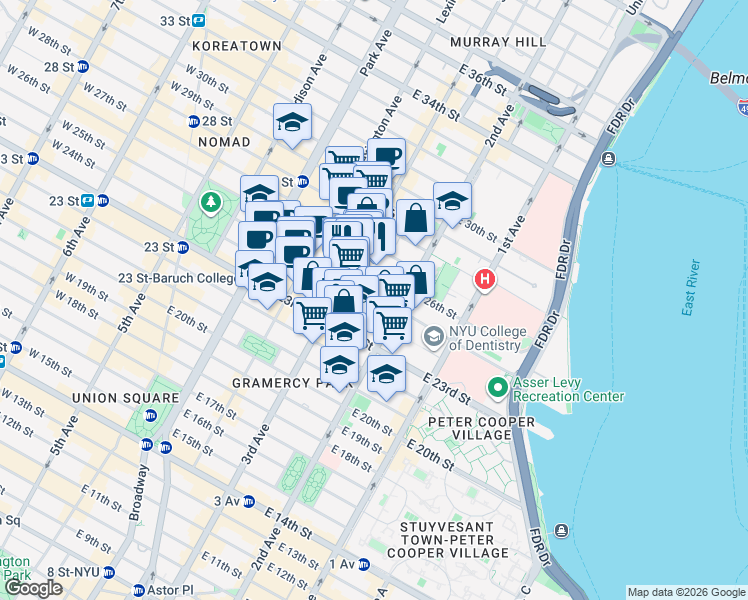 map of restaurants, bars, coffee shops, grocery stores, and more near 209-211 East 25th Street in New York