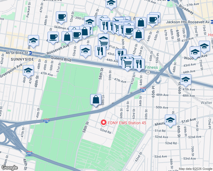 map of restaurants, bars, coffee shops, grocery stores, and more near 47-10 59th Street in Queens