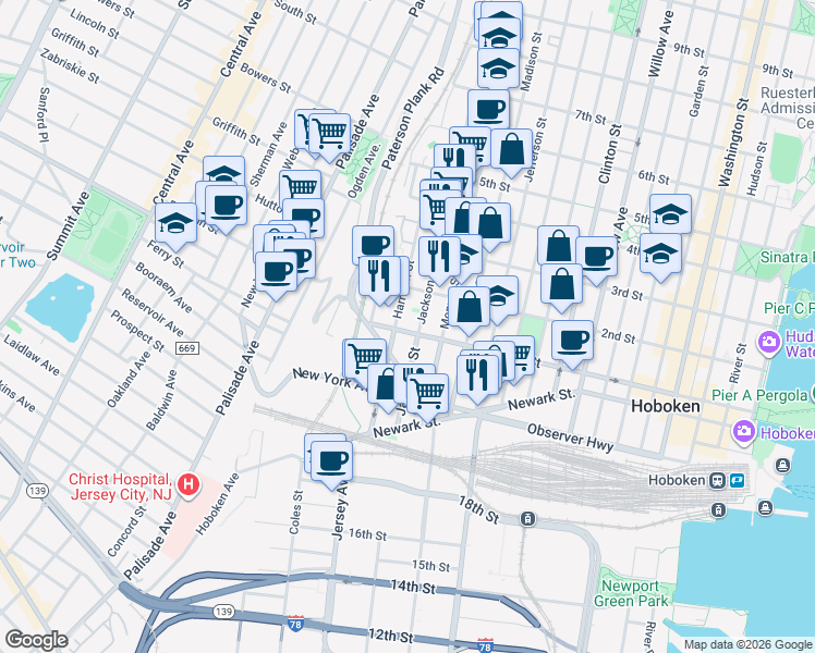map of restaurants, bars, coffee shops, grocery stores, and more near 117 Harrison Street in Hoboken
