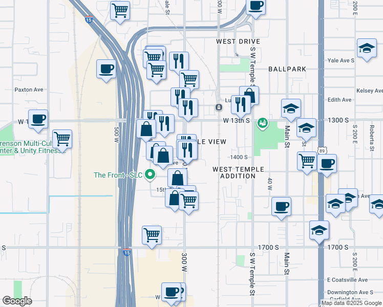 map of restaurants, bars, coffee shops, grocery stores, and more near 1391 South 300 West in Salt Lake City