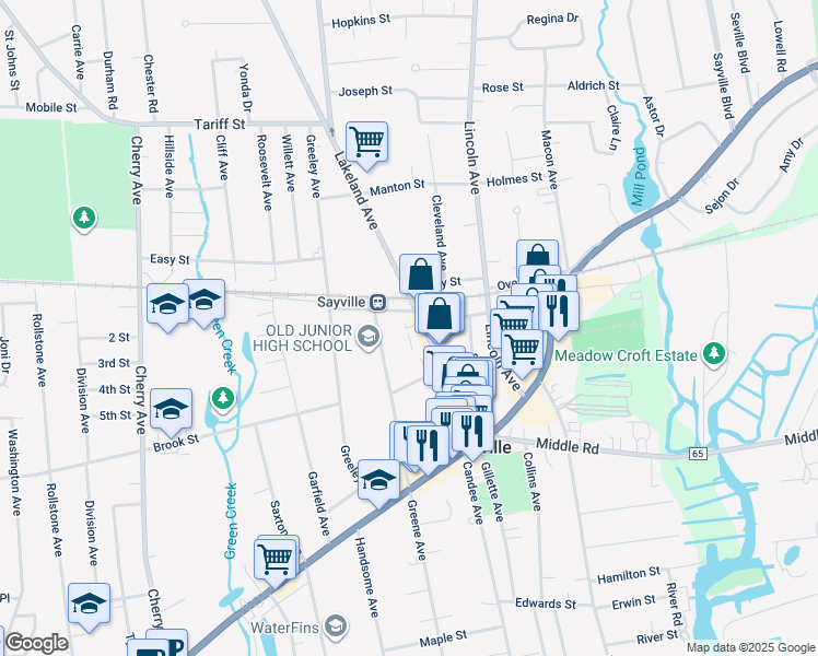 map of restaurants, bars, coffee shops, grocery stores, and more near 303 Railroad Avenue in Sayville