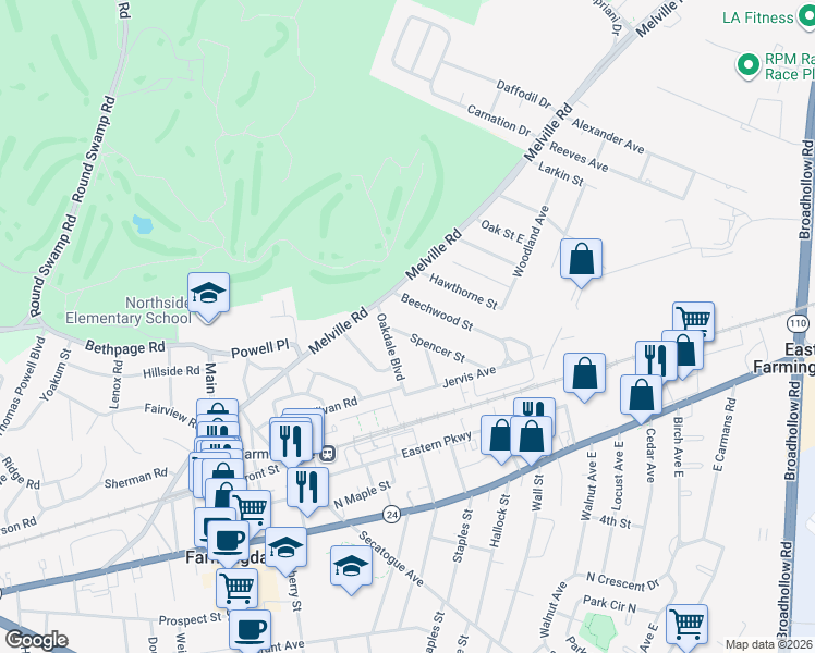 map of restaurants, bars, coffee shops, grocery stores, and more near 32 Beechwood Street in Farmingdale