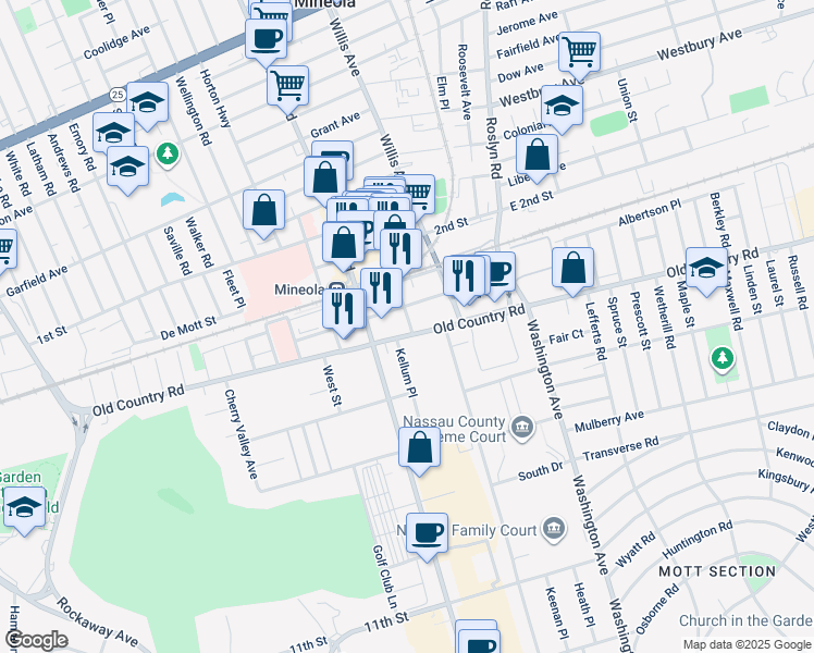 map of restaurants, bars, coffee shops, grocery stores, and more near 176 3rd Street in Mineola