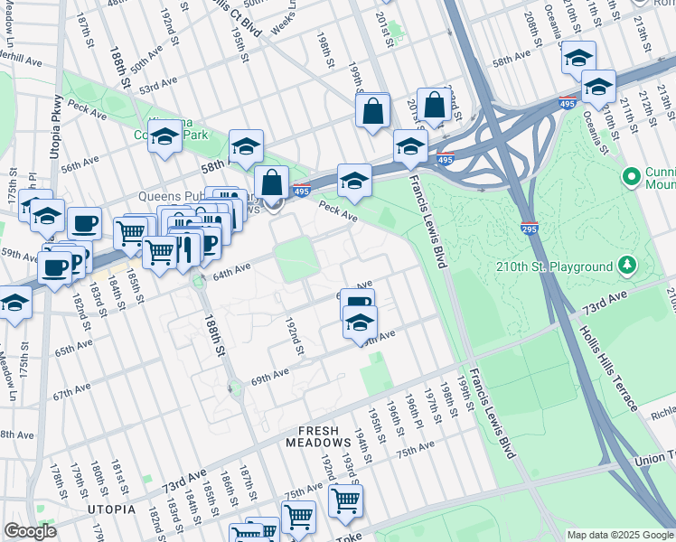 map of restaurants, bars, coffee shops, grocery stores, and more near 194-25H 65th Crescent in Queens