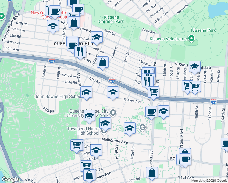 map of restaurants, bars, coffee shops, grocery stores, and more near 150-04 61st Road in Queens