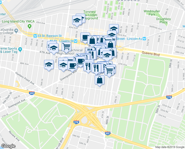 map of restaurants, bars, coffee shops, grocery stores, and more near 47-46 44th Street in Queens
