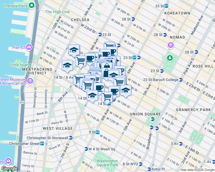 map of restaurants, bars, coffee shops, grocery stores, and more near in New York