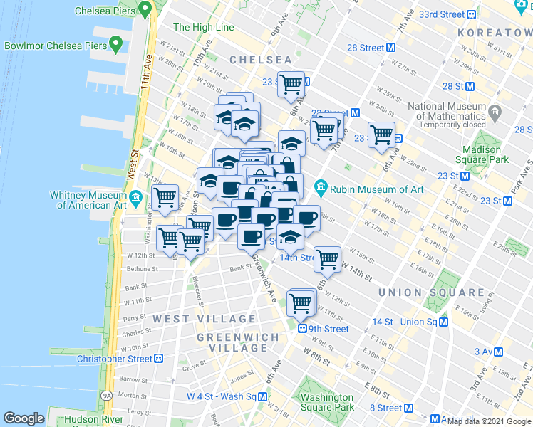 map of restaurants, bars, coffee shops, grocery stores, and more near 228 West 15th Street in New York