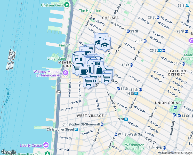 map of restaurants, bars, coffee shops, grocery stores, and more near 2 Gansevoort Street in New York