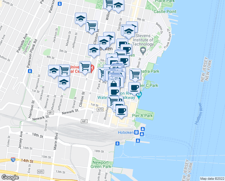 map of restaurants, bars, coffee shops, grocery stores, and more near 235 Bloomfield Street in Hoboken
