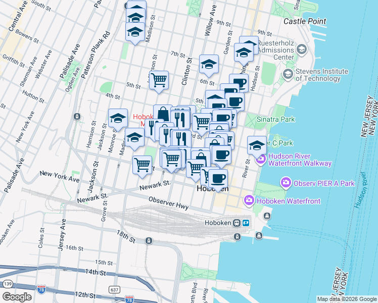 map of restaurants, bars, coffee shops, grocery stores, and more near 309 2nd Street in Hoboken