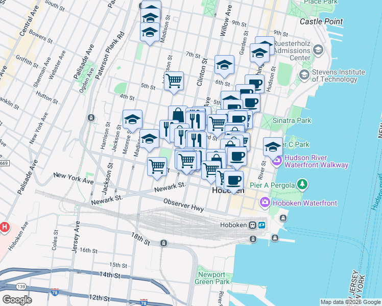 map of restaurants, bars, coffee shops, grocery stores, and more near 309 2nd Street in Hoboken