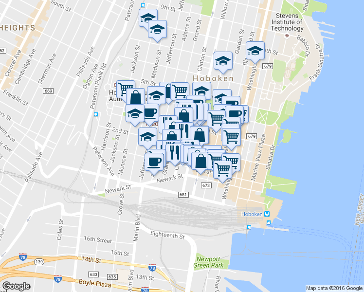 map of restaurants, bars, coffee shops, grocery stores, and more near in Hoboken