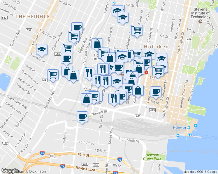 map of restaurants, bars, coffee shops, grocery stores, and more near 126 Monroe Street in Hoboken