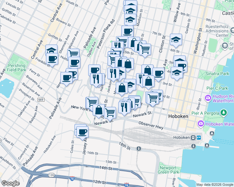 map of restaurants, bars, coffee shops, grocery stores, and more near 126 Monroe Street in Hoboken